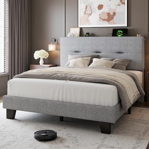 Feonase 4ft Double Bed Frame with Storage Linen Headboard, Upholstered Bedframe double bed with Charging Station, Sturdy Wooden Slat Support, Easy Assembly, Light gray