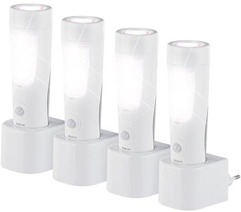 Lunartec Taschenlampe Induktion: 4er-Set 4in1-Nacht- & Hand-Leuchte, Akku, Dämmerungs-& Bewegungssensor (Notlicht bei Stromausfall, Taschenlampe Steckdose, Bewegungsmelder)