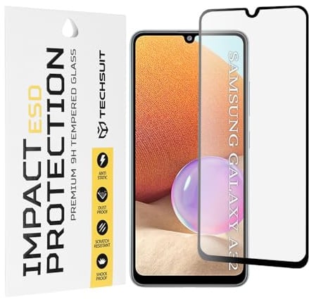 Techsuit Displayschutzfolie für Samsung Galaxy A32 4G Gehärtetes Glas mit Antistatisch, Staubabweisend, Vollständige Abdeckung, Stoßschutz, Oleophobe Beschichtung, Anti Fingerabdruck, Blasenfrei, ESD