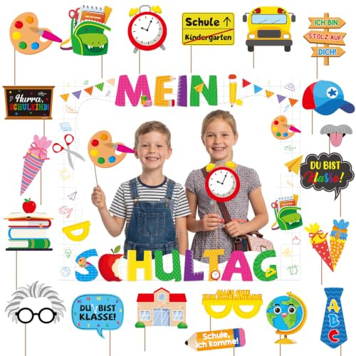 YOMOVER Einschulung Deko Fotobox Accessoires Mein 1 Schultag Fotorequisiten | 21Stk, Mädchen Jungen 2026 Schulkind Schulanfang Photo Booth Einschulungsfeier Klassenzimmer, Mehrere Muster