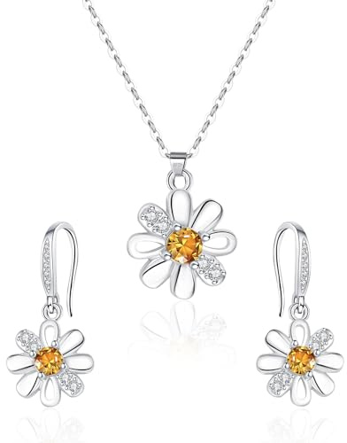 HEEYA Schmuck Set Gänseblümchen Halskette & Ohrringe mit Anhänger Halsketten Ohrringe Blumen mit 5A Zirkonia Damenschmuck Set für Frauen Silber Schmuck Set Blumen Geburtstag Geschenke