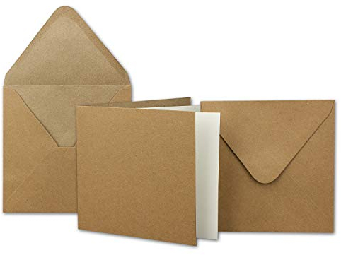50x Kraftpapier-Karten Set quadratisch 13,5 x 13,5 cm mit Brief-Umschlägen & Einlege-Blätter - Recycling Vintage Karten-Set - für Einladungen