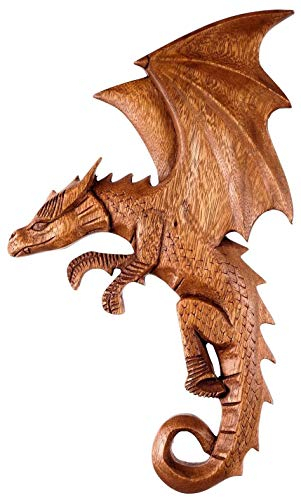 Windalf Wikinger Holz Drachen Wanddeko DRACO 33 cm Drache Links schauend Nordische Wandskulptur Handarbeit