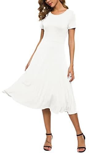 EXCHIC Damen Casual Rundhals A-Linie Kurzarm Midi Kleid Sommer Stretchy Knie Langes Freizeitkleider(XL, Weiß)