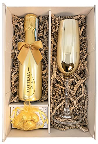 Gold Bottega Prosecco DOC 20cl Gift Set With Matching Sparkling Champagne Flute And Chocolates Fully Gift Boxed - Birthday Gifts for Prosecco Lovers (Metallic Bowl)