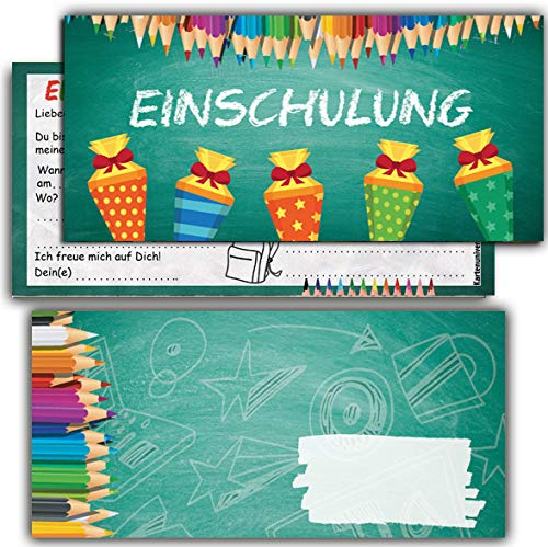 KARTENVERSAND24 Einladung zur Einschulung Junge Mädchen Einladungskarten Schulanfang Schultüte Zuckertüte Schule Karten zum Schulbeginn Einladungen mit Umschlägen Set