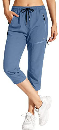 MOCOLY Damen Wanderhose Wasserdicht Elastische Outdoorhose Caprihose Trekkinghose 3/4 Lange Cargohose Kurz Sommer Wander Hose Freizeithose UPF 50 mit Reißverschlusstasche