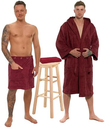 Interkontakt SET - M - Bademantel Herren Frottee mit Kapuze + Saunakilt Herren + Handtuch - 100% Baumwolle OEKO-TEX® Zertifiziert - Verfügbare Größen (S, M, L, XL, XXL) - Bademantel Set - Rot