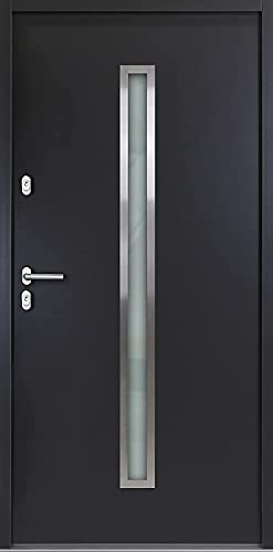 kuporta Haustür Nebeneingangstür Nele 100x200cm DIN rechts – Kellertür aus massivem Stahl mit Tresorbolzen, Wärmedämmfüllung, verstellbaren Bändern und Aushebelsicherung - Anthrazit | 2x Drücker
