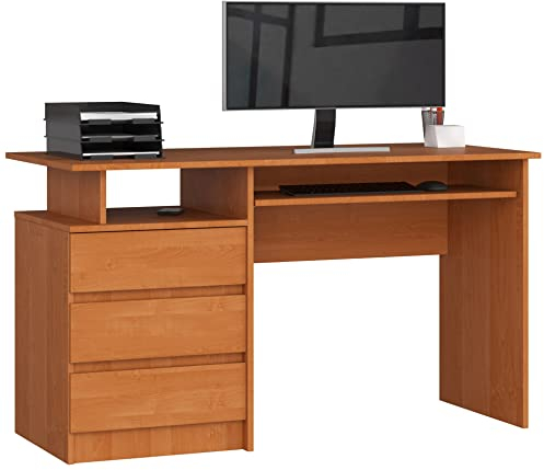 AKORD | Scrivania CLP-135 Con Ripiano per Tastiera e 3 Cassetti a Sinistra | Scrittoio per Ufficio | Per Computer PC Laptop | Salvaspazio | 135 x 77 x 60 cm, 45kg | Ontano