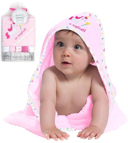 Mother's Choice Babyhandtuch mit Kapuze und 5 Waschlappen, 75 x 75 cm, leichtes Baumwoll-Badetuch für Neugeborene Jungen und Mädchen, Einhorn