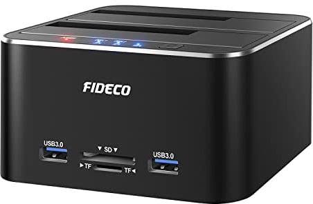 FIDECO Hard Drive Docking Station, USB 3.0 Aluminum Hard Disk Docking Station for 2.5 and 3.5 inch SATA HDD or SSD, TF and SD Card Reader and 2 USB 3.0 Ports, Support Offline Clone