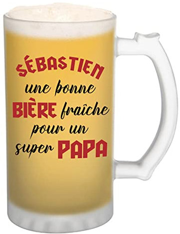 Planetee Chope de bière Sébastien Super Papa - cadeau idée anniversaire Fête des Pères Humour - Verre givré 470 ml avec poignée Alcool Pinte