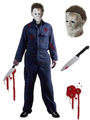Michael Myers Kostüm für Erwachsene 3-teiliges Herren Halloween Maske und Blutverschmiertes Messer Horror Cosplay Kostüm Set für Halloween Fasching Mottoparty Arbeitsoveralls Overall Blau Navy 027XXXL