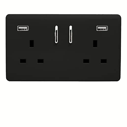 Trendi 2 Gang Artistic Modern Glossy 13 Amp 2 x 3.1mA USB Switched Plug Socket Matt Black