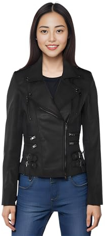 Infinity Leather Giacca da Motociclista in Pelle da Donna, Nero Opaco, in Vera Nappa di Agnello, Stile Vintage, con Fibbia Gotica