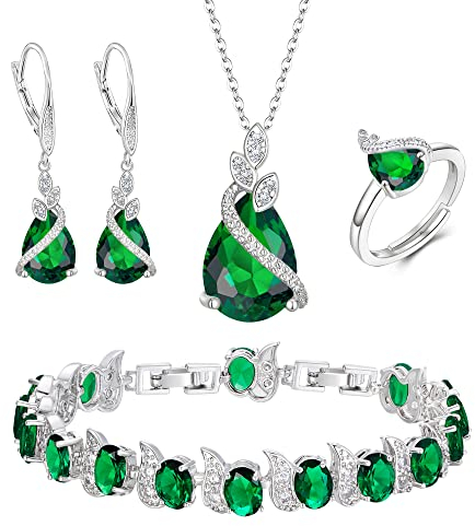 Clearine Hochzeit Schmuck-Set für die Braut, Teardrop Smaragd-grün Zirkonia Halskette Leverback Ohrringe Tennis Armband und einstellbare Ring Set Geschenk für Muttertag / Jubiläum / Geburtstag