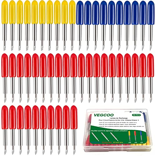 VEGCOO 80 Pcs Lames de Coupe pour Cricut Explore Air/Air 2/Air 3/Maker/Maker 3, Lames de Rechange 30/45/60° Degrés Compatible avec Cricut (80 pcs)
