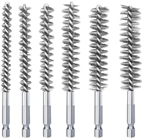 SI FANG 6Pcs Stainless Steel Bore Brush, Round Drill Wire Brush for Tubes Ports Bearings/Pipe, Metal Cleaning Brushes Set 9/11/13/16/17/19mm, 1/4Inch Hex Shank for Power Drill Rotary Tool