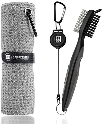 Handy Picks Golf Towel Microfiber Waffle Pattern Golf Towel (Easy Storage) with Carabiner - Club Brush with Club Groove Cleaner and Retractable Clip - Essential Golf Combo Cleaning Kit (Grey)