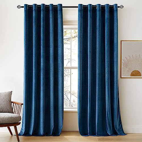 Woaboy Velvet Curtains 90 Drop Peacock Blue Curtain for Living Room Thermal Blackout for Bedroom Luxury Eyelet Drapes Soft Window Treatment Insulated Soundproof & Room Darkening W 66 x L 90 2 Panels