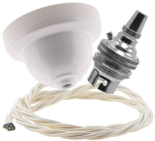 Repaireum Ltd. Vintage Styled Ceiling Pendant Kit incl. Gloss White Finished Rose, Traditional B22 Chrome Effect Lampholder and 3 Core Classic Ivory Braided Twisted Flex