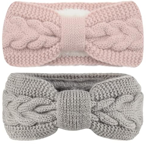 2 Stück Damen Gestrickt Stirnband, Verdicken Stirnband Damen, Haarband Ohrenwärmer Elastische, Winter Kopfband Haarband, Elastische Haarreife Ohr Wärmer für Mädchen (Rosa, Grau)