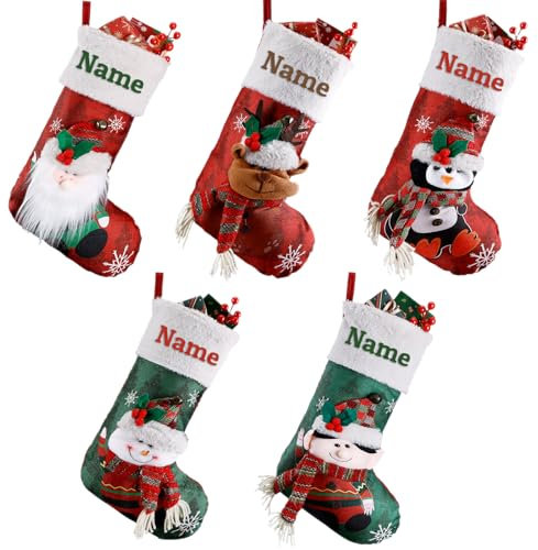 iDIY Personalisierte Nikolausstrumpf mit Namen Kinder - 5 Stück, Individueller Name, Baumwolle & Leinen, 3D Weihnachtsmann, Gnom, Pinguin, Schneemann, Rentier