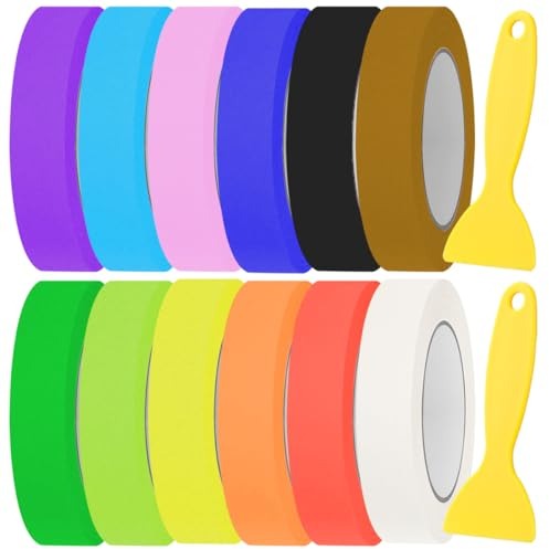 Youmile 12 Rolls 25mm x 10m Colored Masking Tape Colorful Tape Painters Tape Paper Tape for DIY, Crafting, Home Decoration, School with Spatula