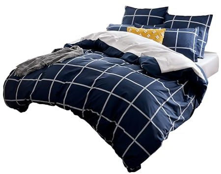 Sonive Mikrofaser Bettbezug-Set –Bettwäsche 155x220cm/Kissenbezug 80x80cmx2, Marineblau Einfaches Karo,ÖKO-TEX Bettlaken mit Eckbänder