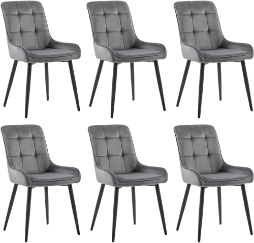 CLIPOP Samt Esszimmerstühle 6er Set,Retro Grau Polsterstuhl mit Weicher Rückenlehne und Metallbeinen Küchenstuhl für Esszimmer Wohnzimmer Büro