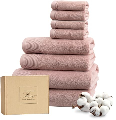 Ferò Luxus Handtücher Set Baumwolle, 8 Teile, Low Twist Baumwolle, 550 g/m², Oeko-TEX, Italienisches Design, 2 handtücher 70x140cm, 2 Handtuch 50x100cm, 4 Gästehandtuch 30x30cm, Rosa