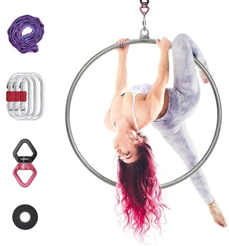 PRIORMAN Lyra Hoop Aerial Hoop Set mit Aufhängung Hardware Single Edelstahl Hoop Circus Hoop Great for Dancing Studio, Aerial Fitness (DE-Silver-90#25)