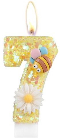 Flower Birthday Candles, Number 7 Candles with Bee for Cake, Girls 7th Birthday Decorations, Yellow Glitter Birthday Candles, Honeybee Cake Candles Toppers for Girls Baby Birthday Party Decorations