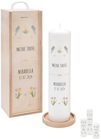 Bärenfreunde® - Personalisierte Taufkerze mit Spezial-Druck (M, L, XL) - ohne Ruß-Bildung - mit Holzkiste oder Untersetzer - Taufe Geschenk, Geschenk zur Geburt (M Kerze)