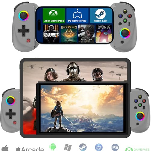 Koiiko Game Controller for iPad, Tablet, iPhone/Android/PC/Switch/PS3/PS4 Gamepad Joystick, Supports Mobile Cloud Game, Streaming on PS5/Xbox/PC, with 7-color RGB lights/Turbo, iPhone 16 Controller