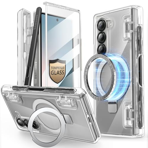 i-Blason Coque pour Samsung Galaxy Z Fold 6 avec Support Anneau MagSafe & Porte-Stylet [Protecteur d'Ecran Verre Trempé] [Charnière Protection] Cosmo Protection Magnétique pour Z Fold 6, Transparent