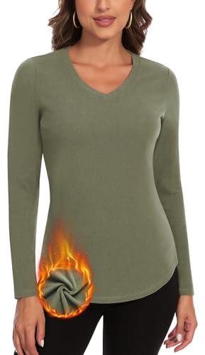 Soneven V Neck Thermal Tops Womens Long Sleeve T Shirts Warm Ladies Vests Base Layers Underwear Gym Tops in Winter/Autumn V-Green S