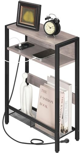 CHOEZON Table d’Appoint compacte, Bout de Canapé avec Station de Charge, Table de Chevet, Table Basse à 3 Niveaux, Table d’Appoint avec Rangement, pour Petit Espace, Salon, Gris Patiné DTBZ05CBH