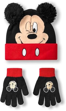 Disney Set aus Mütze und Handschuhen mit Mickey-Mouse-Motiv für Jungen | Schwarz-rote gestrickte Wintermütze mit Pom Poms | Mütze und Handschuhe für Kinder in Einheitsgröße mit Micky-Maus