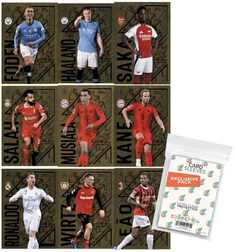 Bundle mit Match Attax Champions League 2024/25 - Trading Cards - Alle 9 Gold Edge Edition Karten + Exklusive Collect-it Hüllen