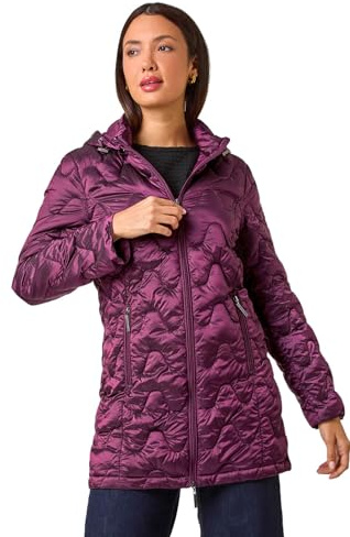 Roman Women Padded Longline Coat with Hood - Ladies Zip Through Autumn Winter Long Length Lightweight Quilted Warm Cosy Everyday Zip Up Casual Jackets Coats - Magenta - Size 18