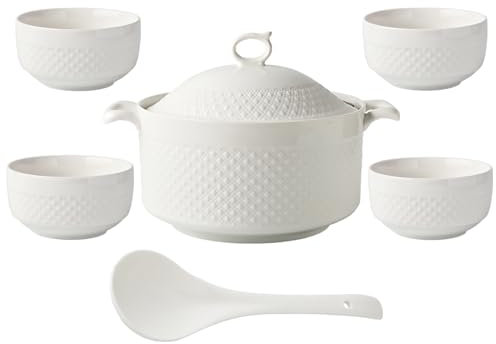 Sopera con Tazones, Tazón para Servir Sopa de Porcelana con Tapa y Cucharón Juego de Vajilla Blanca para Restaurante de Cocina Casera,1.8l+4