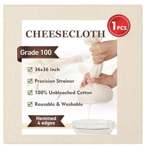 TOPULORS Käsetuch 91x91 cm - 100% ungebleichte Bio-Baumwolle, Güteklasse 100, 4-fach gesäumt - Wiederverwendbar für Käseherstellung, Nussmilch, Joghurt & mehr (1 Stück)