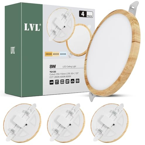 LVL LED Einbaustrahler Flach 230V 8W nicht dimmbar 3000K/4000K/6000K Rund Lochdurchmesser 50-110mm Einbauleuchten für Badezimmer Küche (Holzmaserung, 4 Stück)