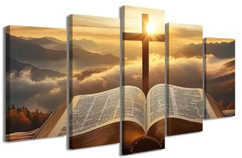 ZXHYWYM 5 Stück christliche Bilder Jesus Bibel und Kreuz Gemälde Sonnenaufgang Landschaft Leinwanddrucke religiöse Schrift Poster Wohnzimmer Büro Dekoration ((60L x 125B cm))