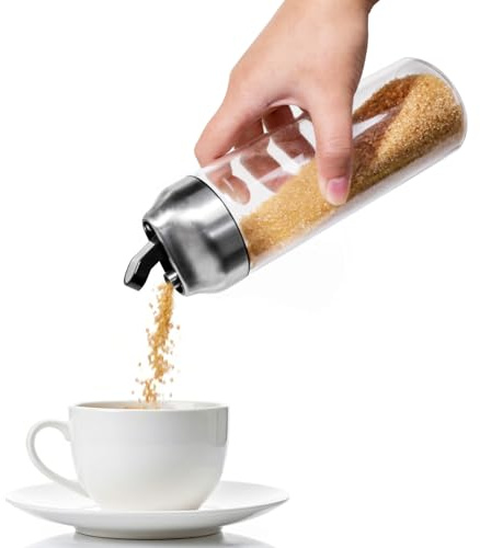 14oz Glass Sugar Dispenser with Spout - Refillable Pour Shaker for Coffee Bar, Tea Station & Table - Large Airtight Sugar Container for Kitchen Counter