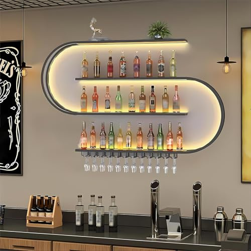 KEPMOGOH Casier à Vin en MéTal, 4 Niveaux Porte-Bouteilles Mural avec Porte-Verre, Etagere A Vin, Porte-Vin, pour Maison, Cuisine, Bar, Salle À Manger, sans lumière (Noir, 200cm)