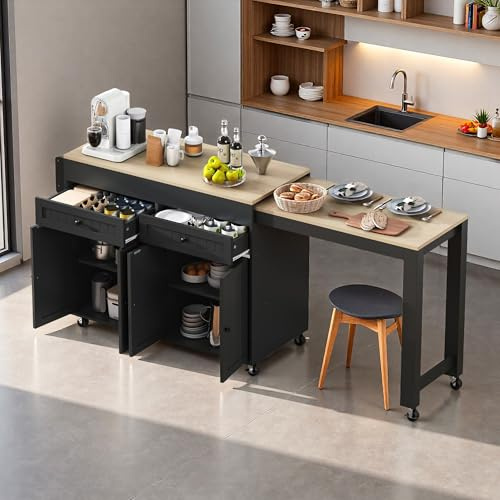 Wyibwy Mueble carro de cocina, isla de cocina extensible con encimera y cajones, isla de cocina móvil independiente, carrito de comedor con ruedas con divisores y puertas, para comedor (negro +