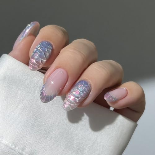 Elegant Almond Shape Short False Nails Fish Scale Pattern Art Salon Grade ABS Press On Nails For Daily Wear Social Event Short Almond Fake Nail French Design